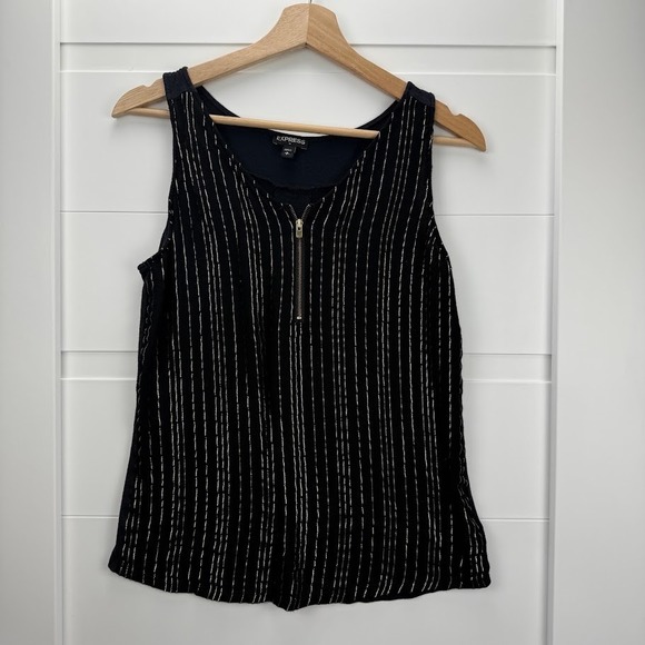 Express Tops - Express Tank Top Womens Small Black Gold Metallic Pinstripe Zip Excellent Glam